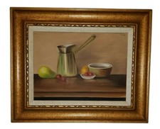 Vintage Oil On Canvas Still Life Fruit And Coffee Pot Framed Painting