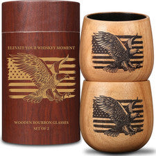 Charred Oak Wooden Bourbon Drinking Glass 2-Pack, 11oz Handcrafted Whiskey Glass