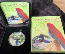2014 Cook Islands $5 World of Parrots Crimson Rosella 20 gm .925 Silver 305/1000