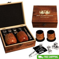 Charred Oak Whiskey Tumblers Gift Set W/ Stones Coasters Tong Velvet Bag New
