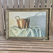 1975 Sal Salinero Oil Painting Copper Pot Still Life Large Framed Canvas