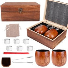 Charred Wooden Whiskey Glass Set of 2, 10oz Bourbon Drinking Glass with 6