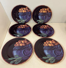 Gien France Cueillette Still Life Blue Pot Apricot Salad Dessert Plates Set of 6