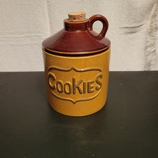 Vintage Brown Stoneware Moonshine Jug Cookie Jar W/Cork Stopper Lid 1970s