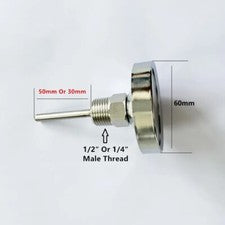1/2" 1/4" Male Thread Thermometer 0–100℃ SS304 For Homebrew Distillation Tools
