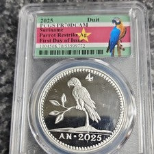 2025 Suriname Parrot Restrike 4 Duit Silver Coin PCGS PR70 DCAM Proof