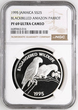 1995 Jamaica Blackbilled Amazon Parrot Silver 25 Dollar PF 69 ULTRA CAMEO