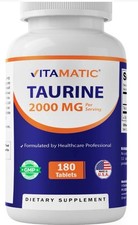 Vitamatic Taurine 2000mg Vegetarian Tablets, 180 Count, Non-GMO, Gluten Free NEW