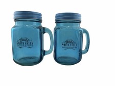 Set of 2 Smith Creek Moonshine Blue Mason Jar Mugs w Lids & Straw Hole