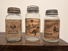 Bundle Set (3) of Vintage Mason Jars With Moonshine Labels