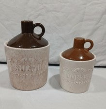 Vintage MCM 2 Moonshine Jug Look Ceramic Brown/Tan Lidded Canisters Made In USA