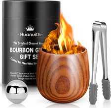 Whiskey Glasses Charred Wooden Bourbon Glass, 10Oz Handmade with Stones & Tongs
