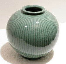 Korean Celadon Moon Jar Vase Signed Ko Chung Crackle Glaze 10" Silk Road Gallery