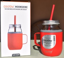 Asobu Red Moonshine Vacuum Insulated Mason Jar Cooler Silicone Straw 16 Oz