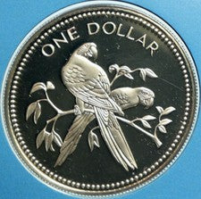 1975 Belize Large Sterling Silver Proof $1-Birds-Parrot