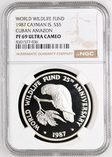 1987 Cayman Islands 5 Dollars Amazon Parrot Silver 0.925 Coin Km# 95 NGC PF 69UC
