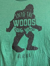 Mason Jar Label Moonshine "Into The Woods We Go" Alaska Large Green Tee-Shirt